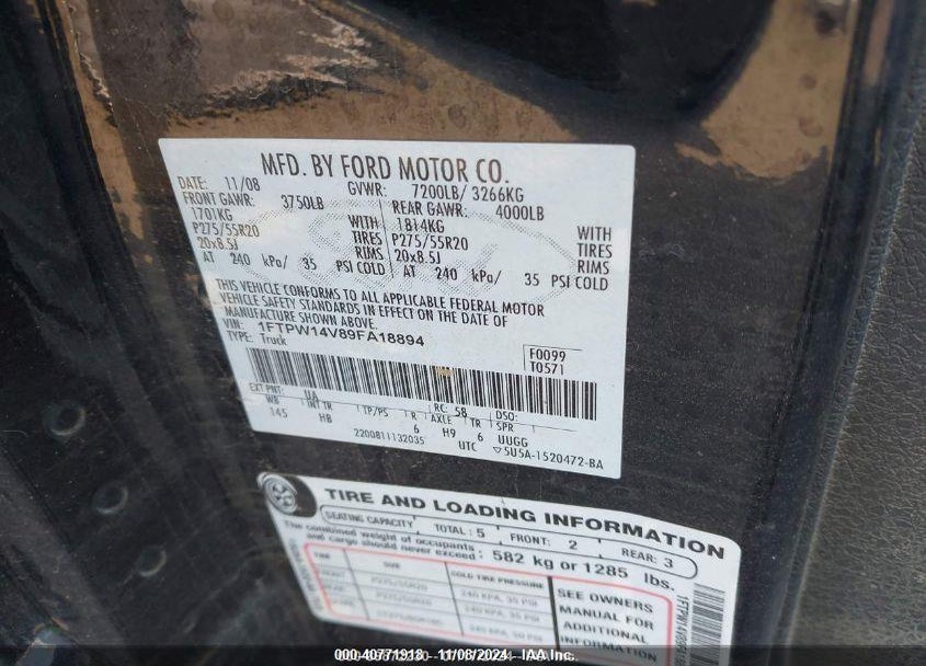 2009 FORD F-150 VIN: 1FTPW14V89FA18894