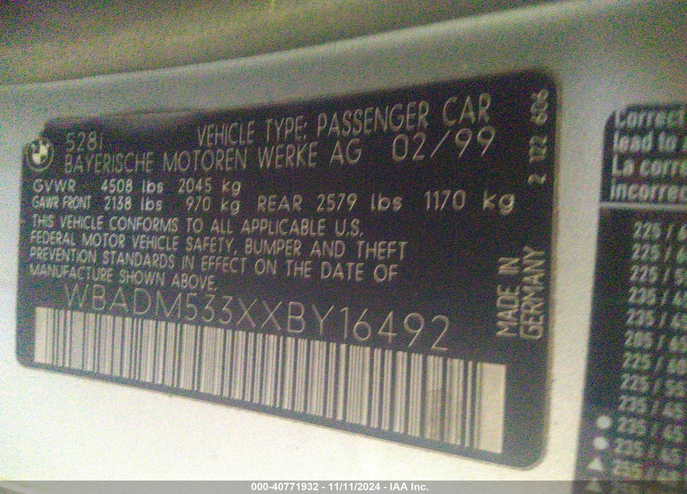 1999 BMW 5 SERIES 528I VIN: WBADM533XXBY16492