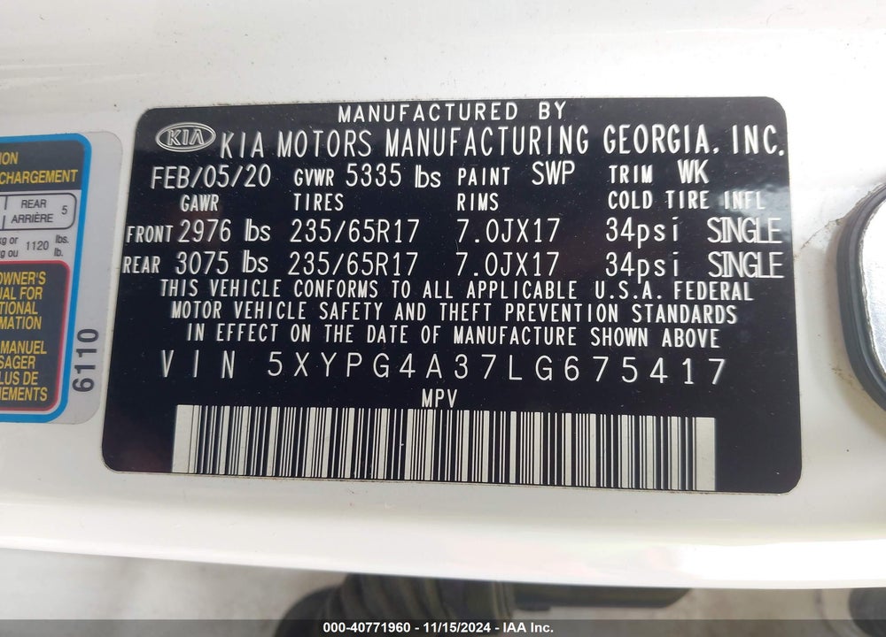 2020 KIA SORENTO 2.4L L VIN: 5XYPG4A37LG675417