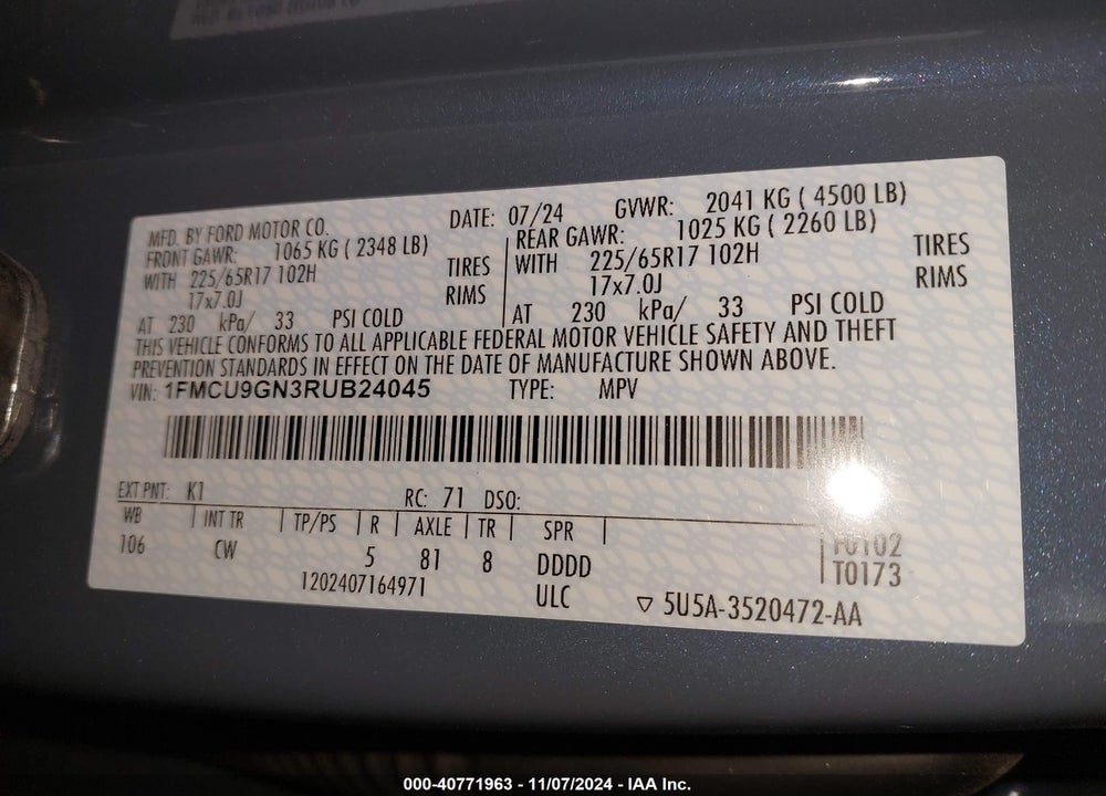 2024 FORD ESCAPE ACTIVE VIN: 1FMCU9GN3RUB24045