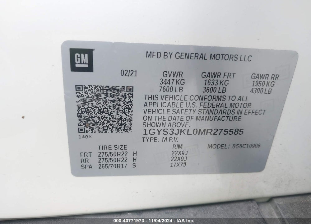 2021 CADILLAC ESCALADE ESV 2WD LUXURY VIN: 1GYS3JKL0MR275585