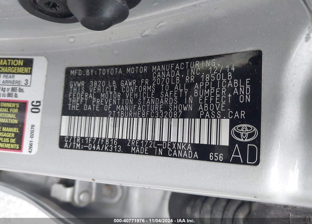 2015 TOYOTA COROLLA LE VIN: 2T1BURHE8FC332087