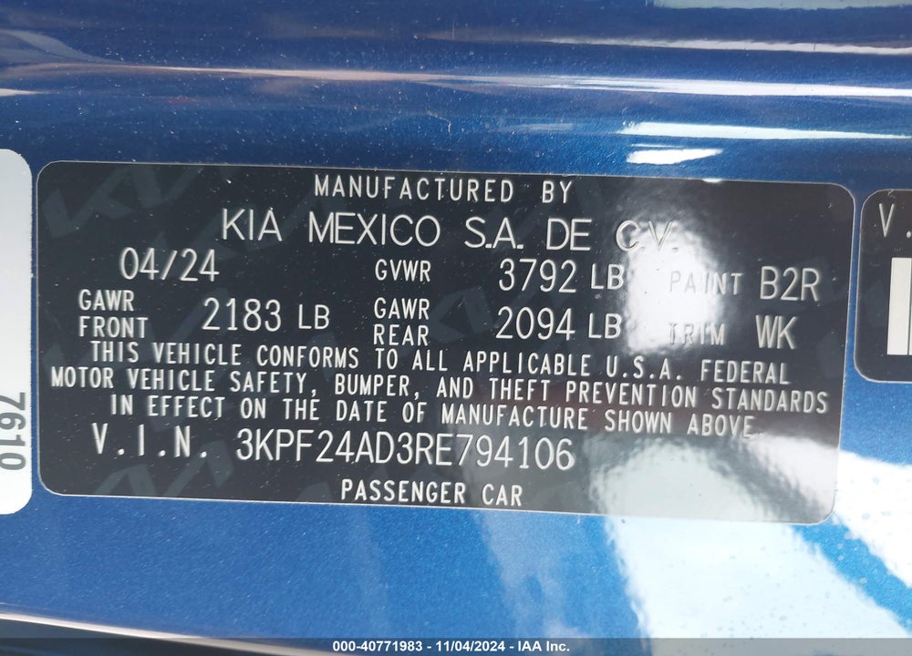 2024 KIA FORTE LXS VIN: 3KPF24AD3RE794106