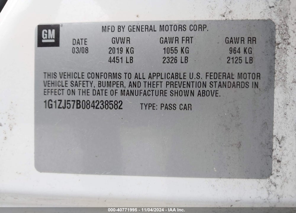 2008 CHEVROLET MALIBU LT VIN: 1G1ZJ57B084238582
