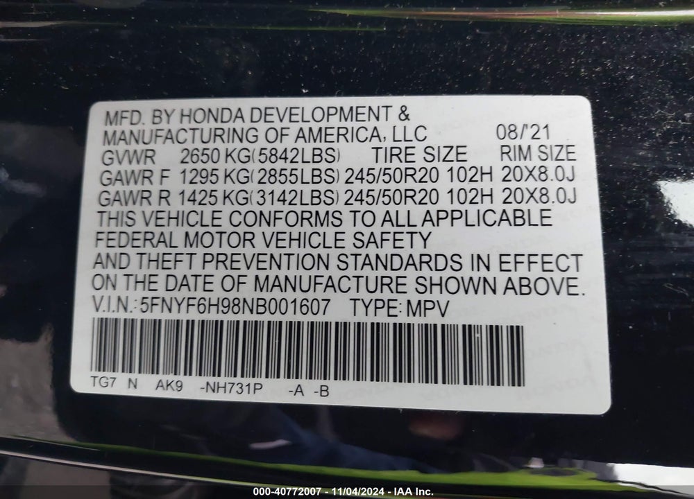 2022 HONDA PILOT AWD TOURING 8 PASSENGER VIN: 5FNYF6H98NB001607