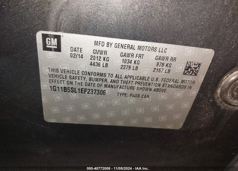 2014 CHEVROLET MALIBU 1LS VIN: 1G11B5SL1EF237306