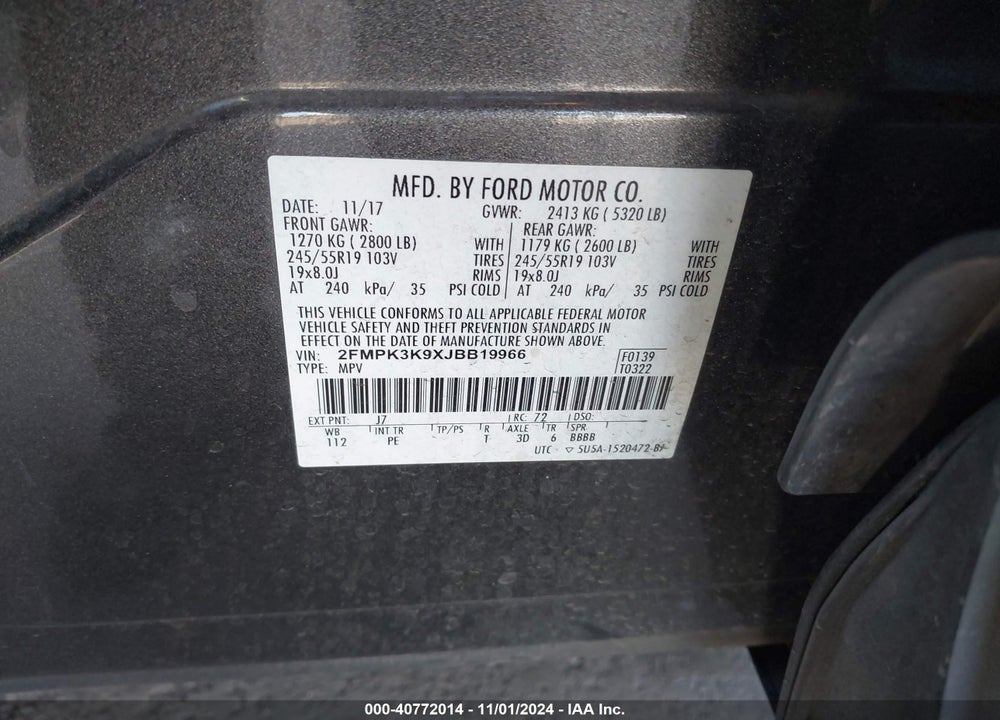 2018 FORD EDGE TITANIUM VIN: 2FMPK3K9XJBB19966