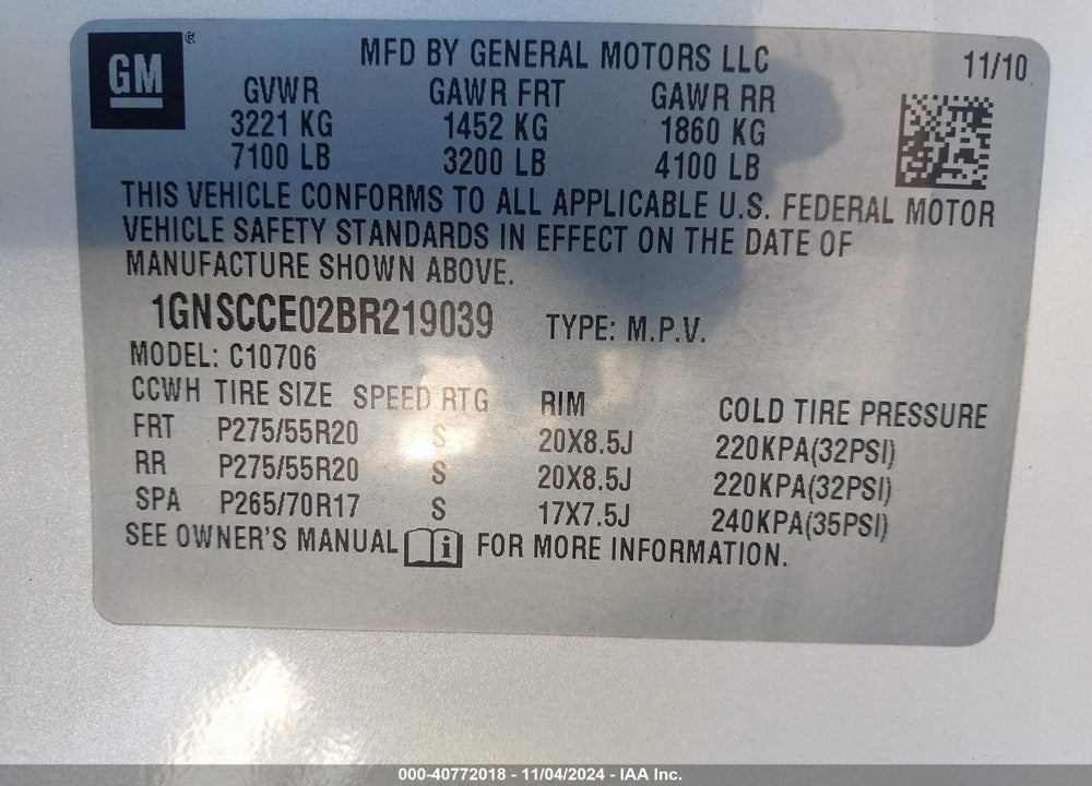 2011 CHEVROLET TAHOE LTZ VIN: 1GNSCCE02BR219039