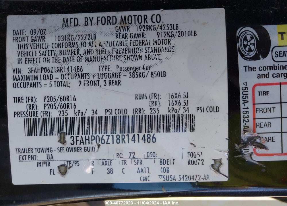 2008 FORD FUSION S VIN: 3FAHP06Z18R141486
