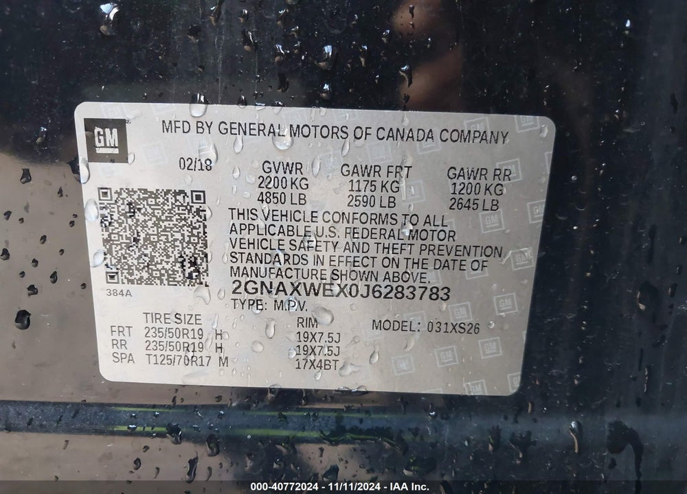 2018 CHEVROLET EQUINOX PREMIER VIN: 2GNAXWEX0J6283783