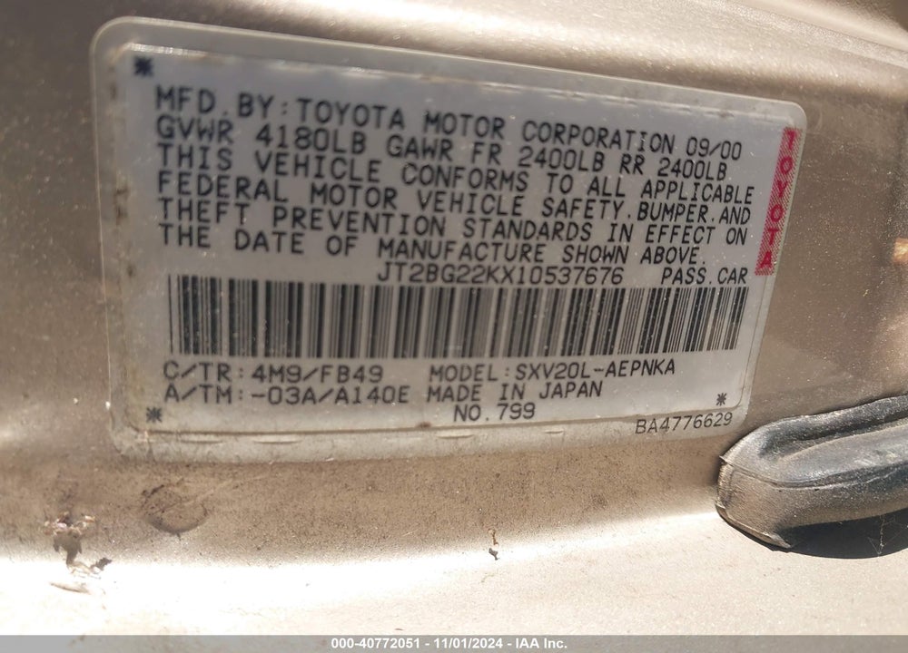2001 TOYOTA CAMRY LE VIN: JT2BG22KX10537676