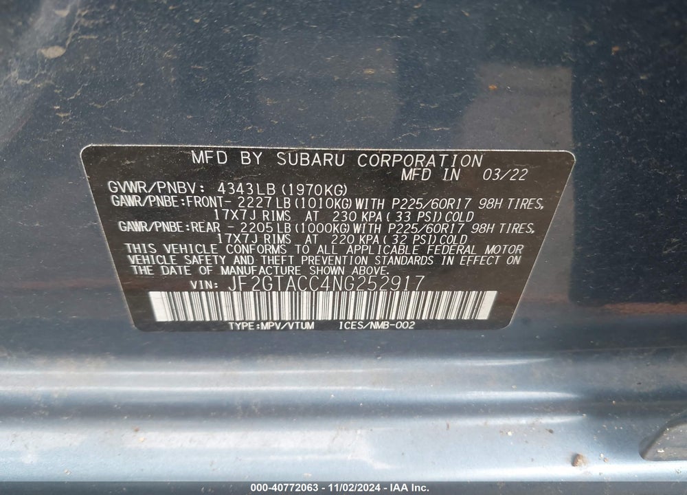 2022 SUBARU CROSSTREK PREMIUM VIN: JF2GTACC4NG252917
