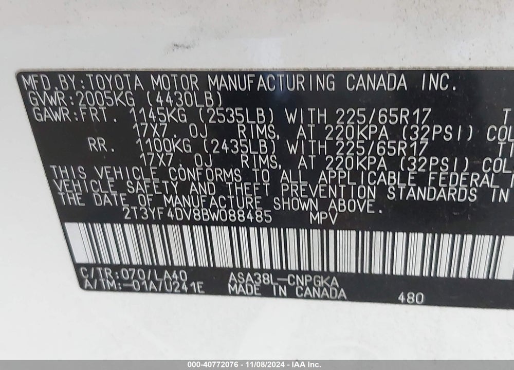 2011 TOYOTA RAV4 LIMITED VIN: 2T3YF4DV8BW088485
