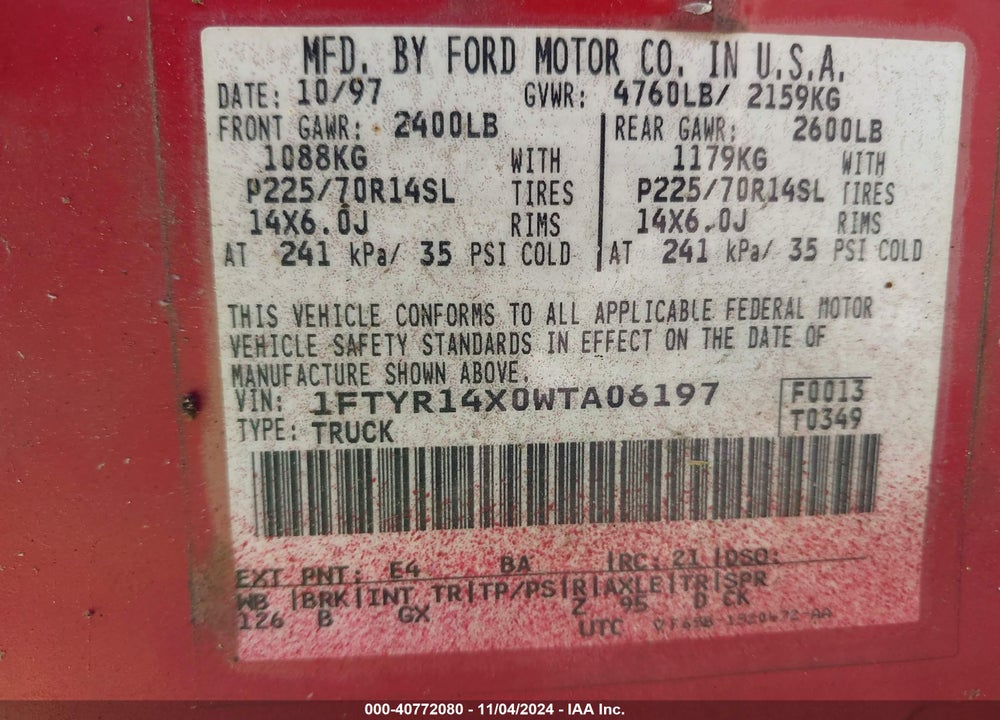 1998 RANGER FORD  SPLASH/XL/XLT VIN: 1FTYR14X0WTA06197