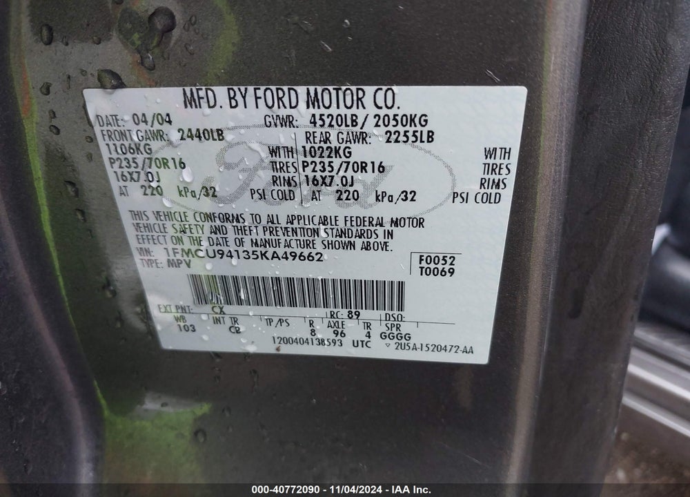 2005 FORD ESCAPE LIMITED VIN: 1FMCU94135KA49662