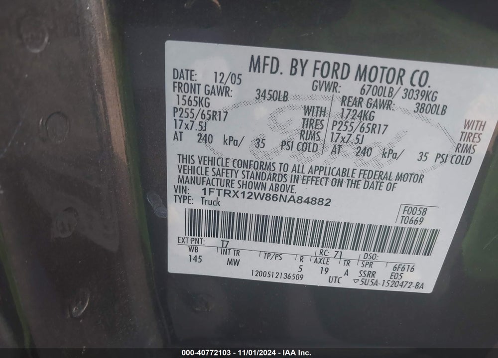 2006 FORD F-150 STX/XL/XLT VIN: 1FTRX12W86NA84882