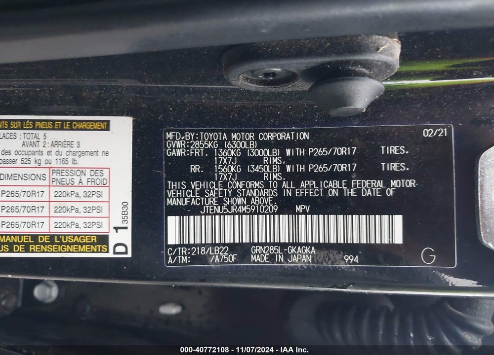 2021 TOYOTA 4RUNNER VIN: JTENU5JR4M5910209
