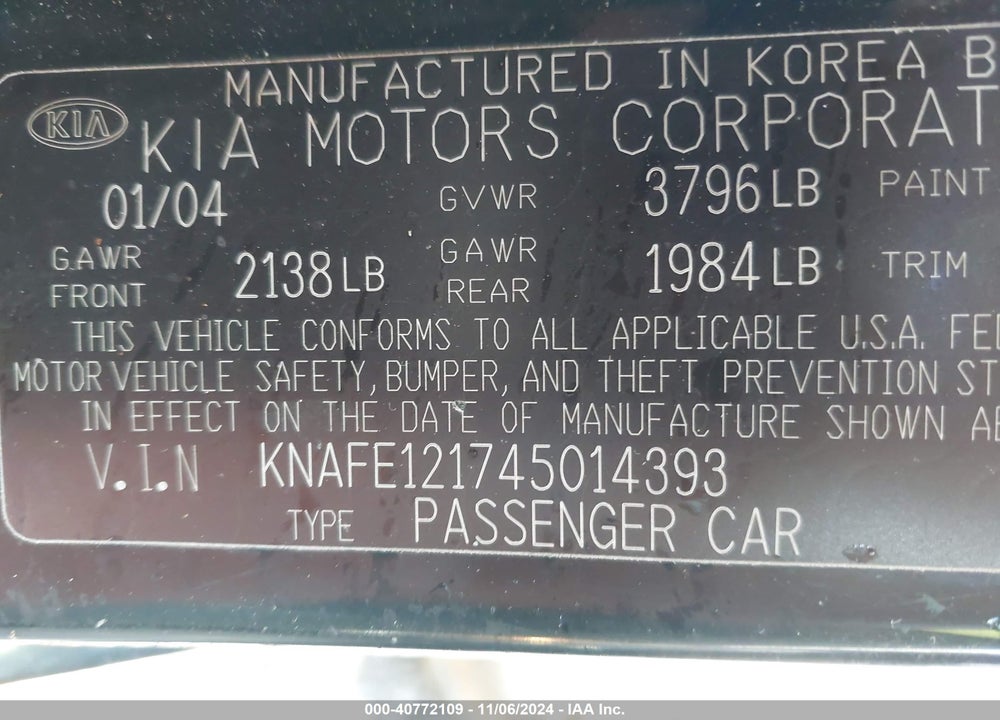 2004 KIA SPECTRA EX/LX VIN: KNAFE121745014393