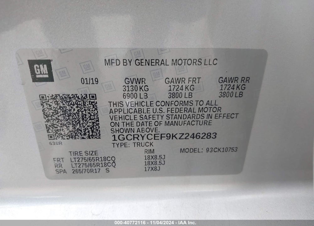 2019 CHEVROLET SILVERADO 1500 SILVERADO CUSTOM TRAIL BOSS VIN: 1GCRYCEF9KZ246283