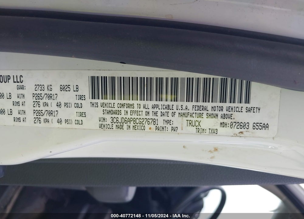 2012 RAM 1500 ST VIN: 3C6JD6AP8CG276781