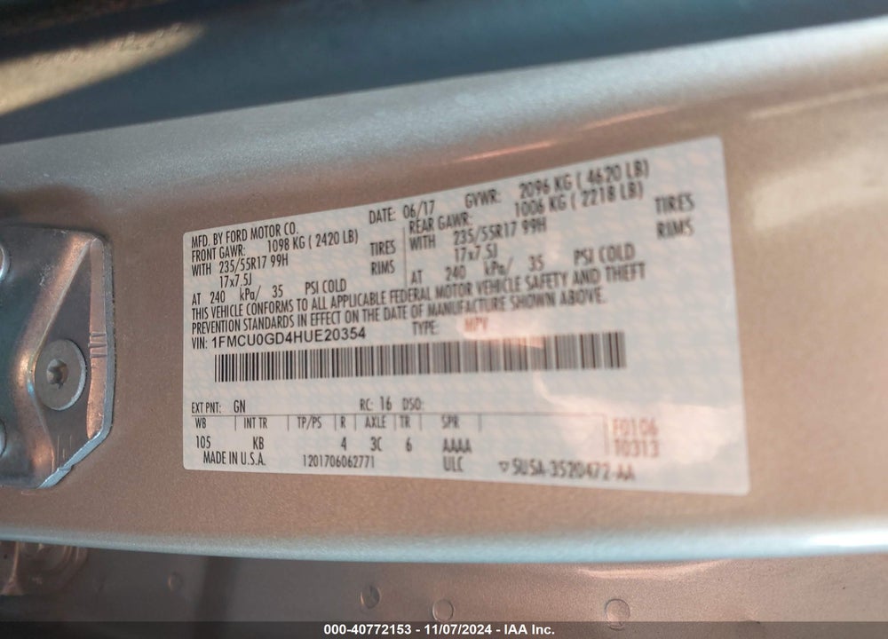 2017 FORD ESCAPE SE VIN: 1FMCU0GD4HUE20354