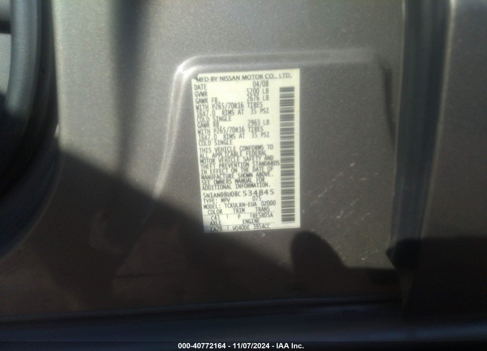 2008 NISSAN XTERRA S VIN: 5N1AN08U08C534845