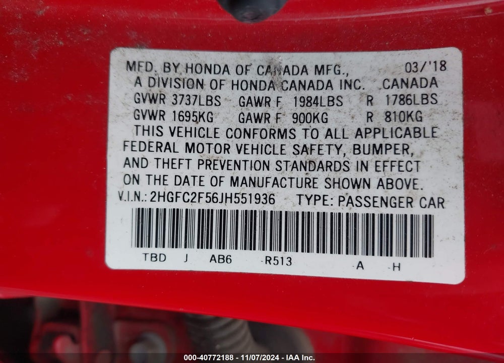 2018 HONDA CIVIC LX VIN: 2HGFC2F56JH551936