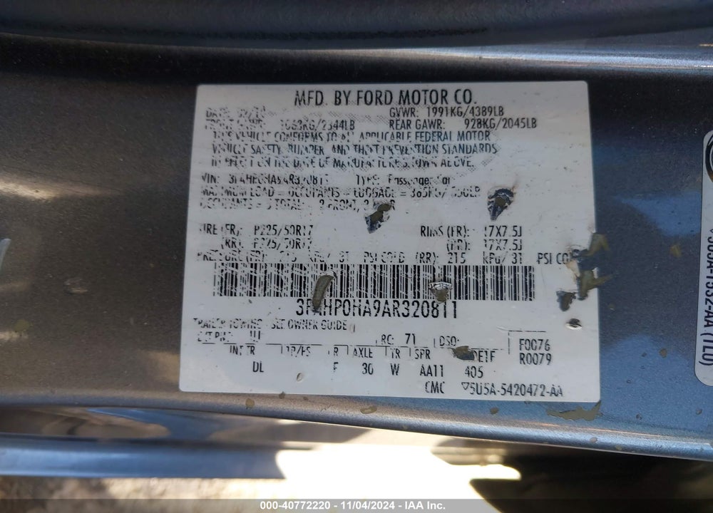 2010 FORD FUSION SE VIN: 3FAHP0HA9AR320811
