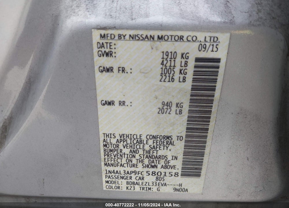 2015 NISSAN ALTIMA 2.5 S VIN: 1N4AL3AP9FC580158