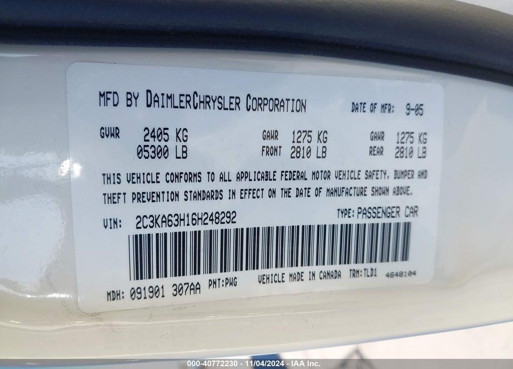 2006 CHRYSLER 300C VIN: 2C3KA63H16H248292