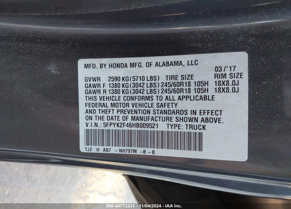 2017 HONDA RIDGELINE VIN: 5FPYK2F46HB009521