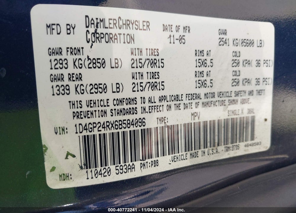 2006 DODGE GRAND CARAVAN SE VIN: 1D4GP24RX6B584096