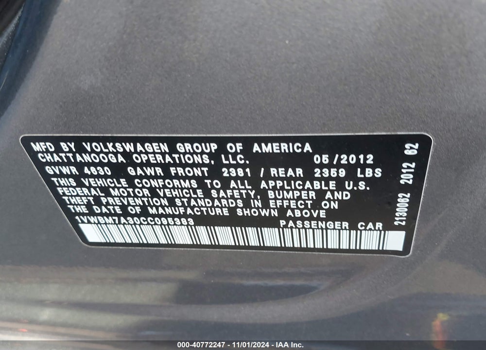 2012 VOLKSWAGEN PASSAT 3.6L V6 SE VIN: 1VWBM7A30CC095383
