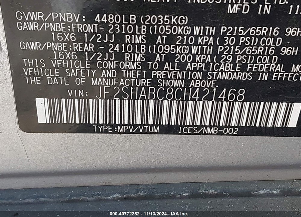 2012 SUBARU FORESTER 2.5X VIN: JF2SHABC8CH421468