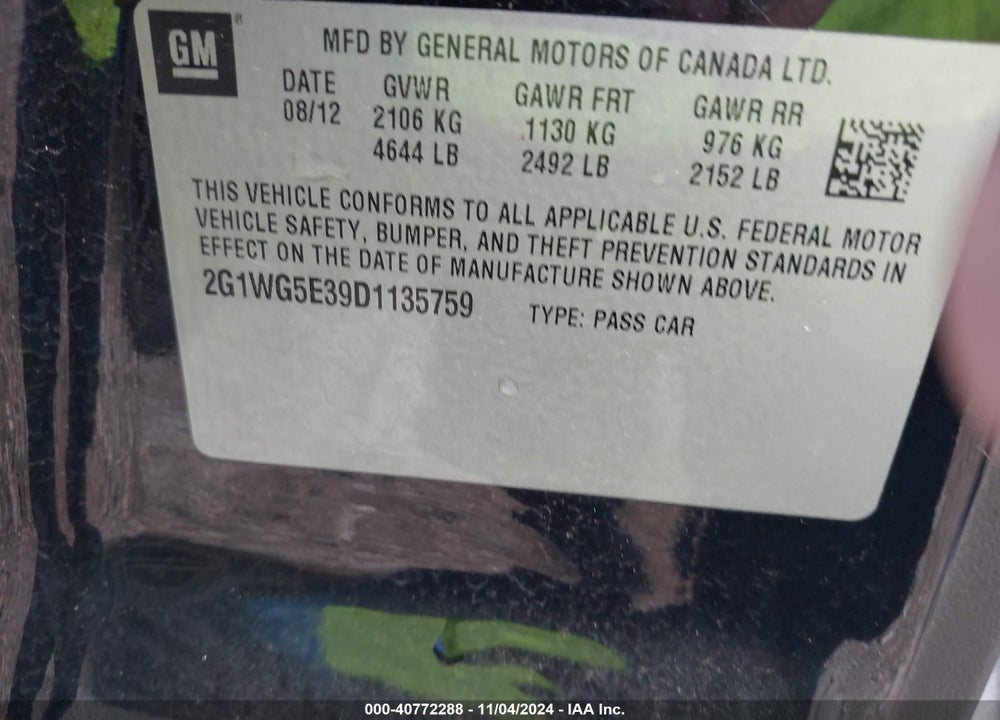 2013 CHEVROLET IMPALA LT VIN: 2G1WG5E39D1135759