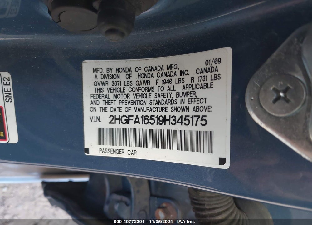 2009 HONDA CIVIC LX VIN: 2HGFA16519H345175