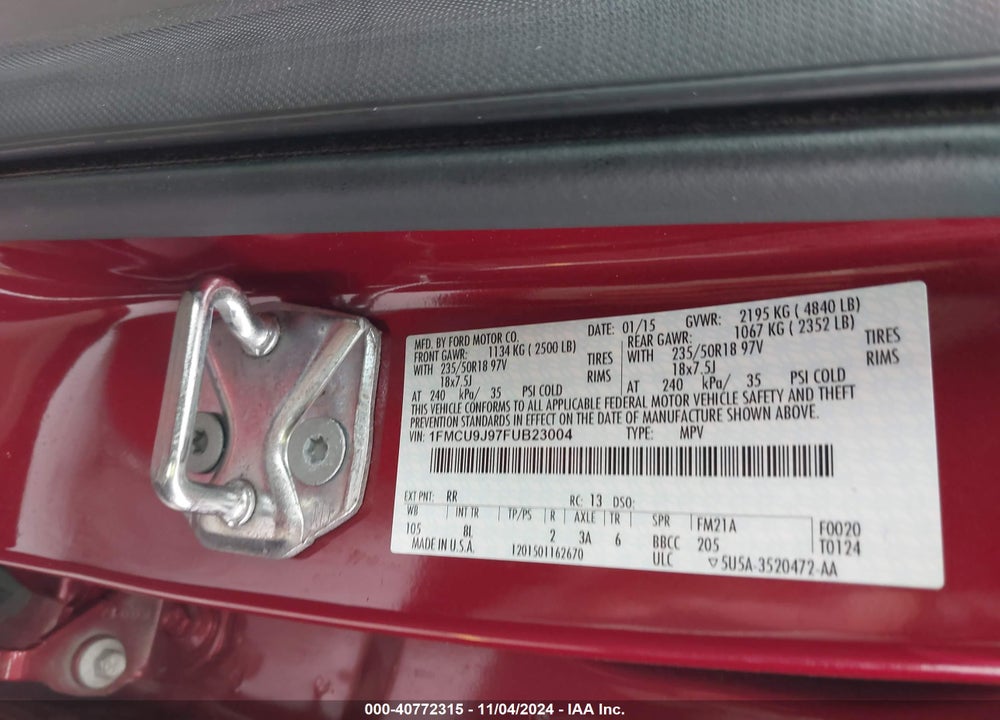 2015 FORD ESCAPE VIN: 1FMCU9J97FUB23004