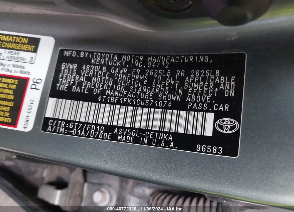 2012 TOYOTA CAMRY LE VIN: 4T1BF1FK1CU571074