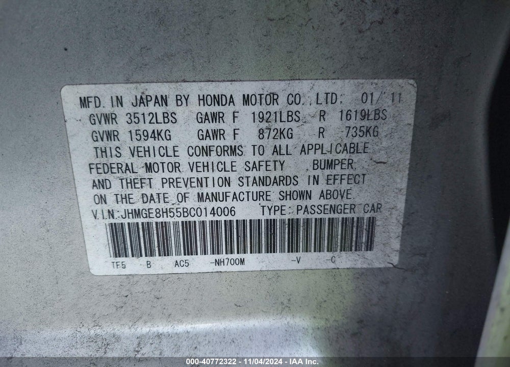 2011 HONDA FIT SPORT VIN: JHMGE8H55BC014006