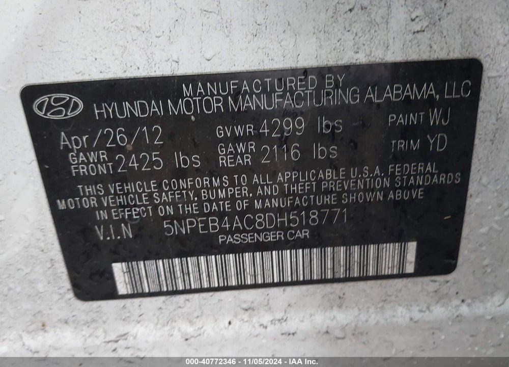 2013 HYUNDAI SONATA GLS VIN: 5NPEB4AC8DH518771
