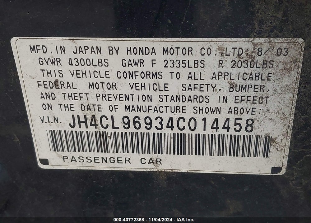 2004 ACURA TSX VIN: JH4CL96934C014458
