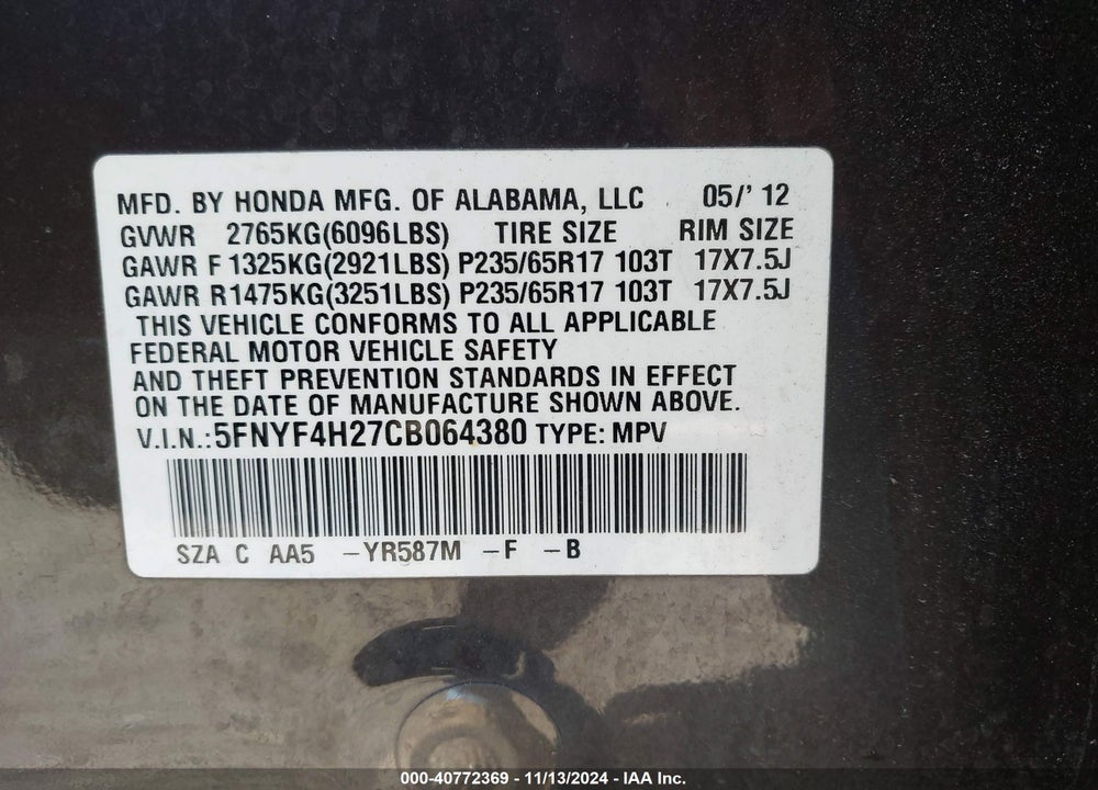 2012 HONDA PILOT LX VIN: 5FNYF4H27CB064380