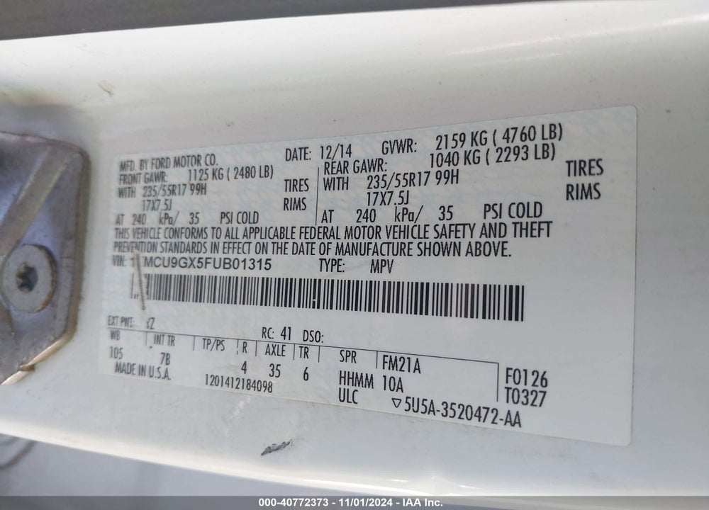 2015 FORD ESCAPE SE VIN: 1FMCU9GX5FUB01315