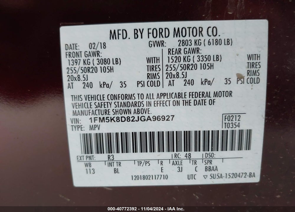 2018 FORD EXPLORER XLT VIN: 1FM5K8D82JGA96927