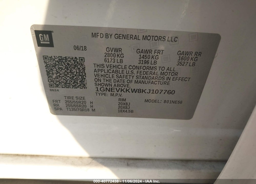 2019 CHEVROLET TRAVERSE PREMIER VIN: 1GNEVKKW8KJ107760