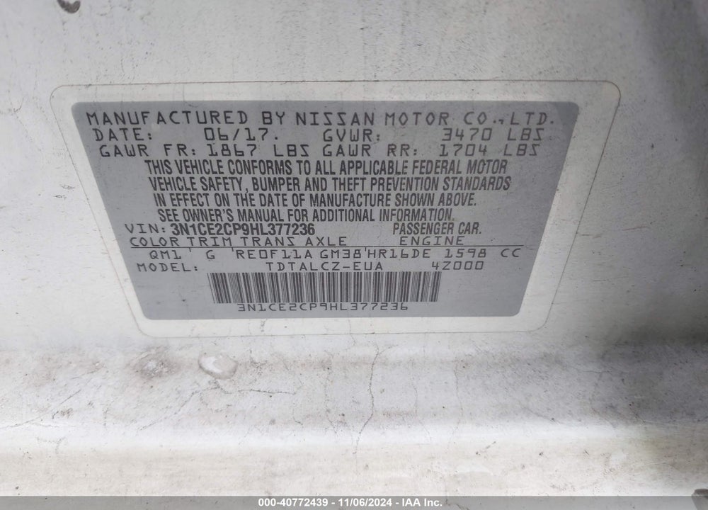 2017 NISSAN VERSA NOTE VIN: 3N1CE2CP9HL377236