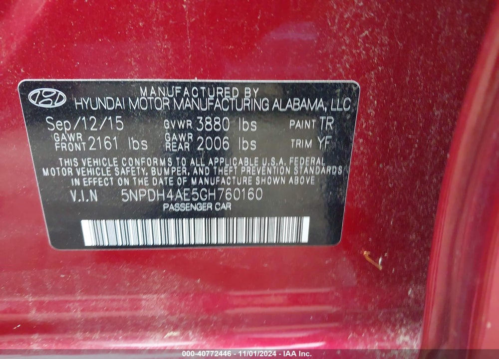 2016 HYUNDAI ELANTRA SE VIN: 5NPDH4AE5GH760160