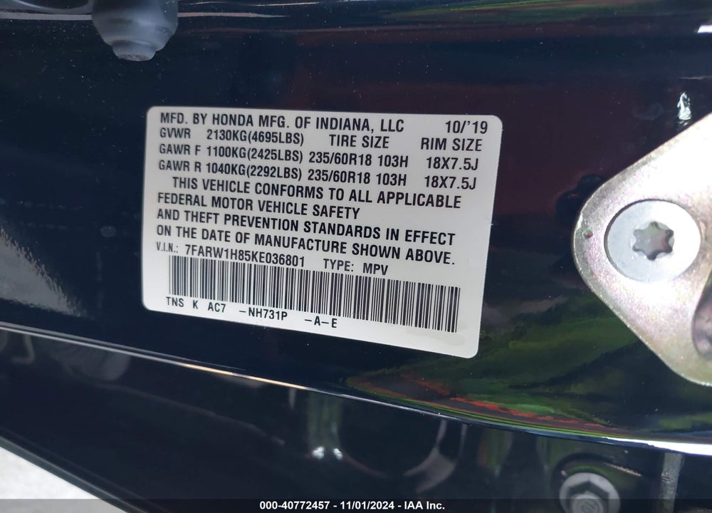 2019 HONDA CR-V EX-L VIN: 7FARW1H85KE036801