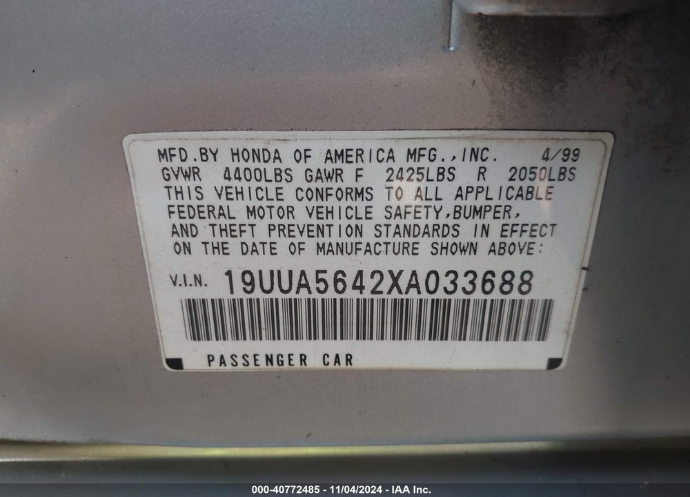 1999 ACURA TL 3.2 VIN: 19UUA5642XA033688