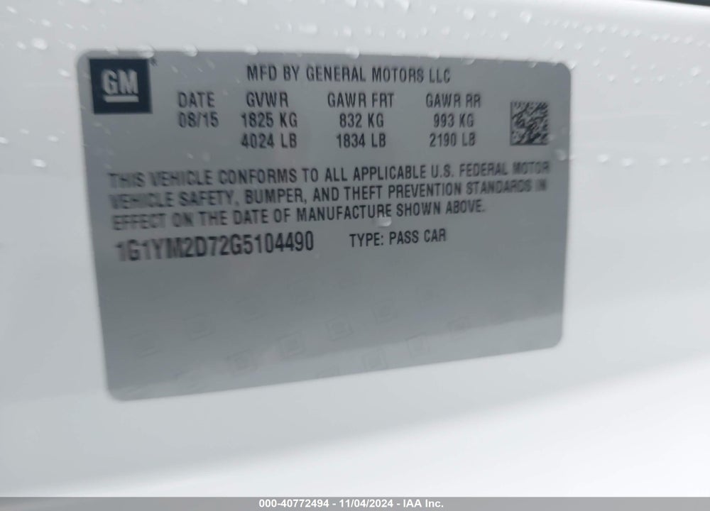 2016 CHEVROLET CORVETTE STINGRAY Z51 VIN: 1G1YM2D72G5104490